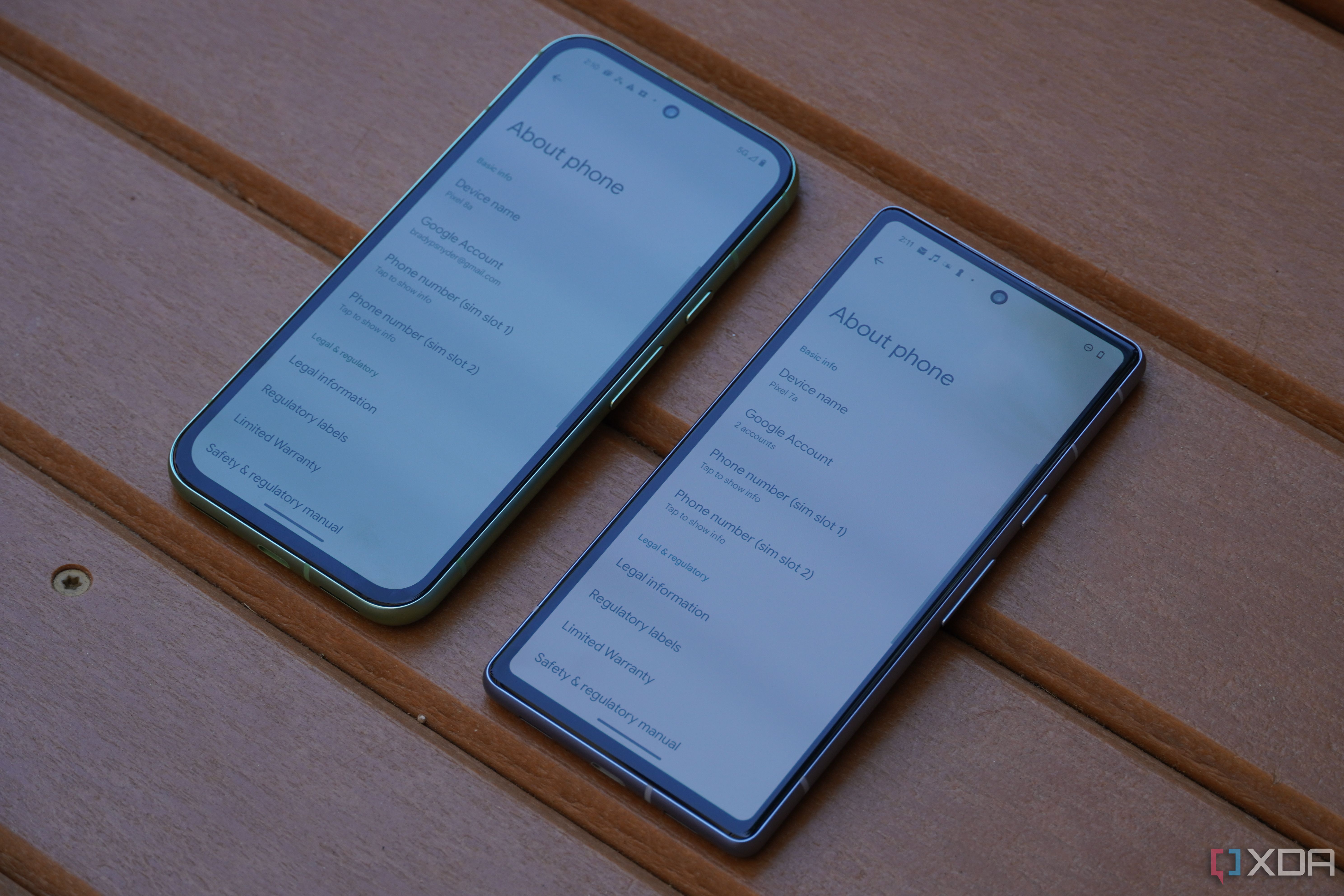 The Pixel 8a and Pixel 7a displays on showing the About phone pages.