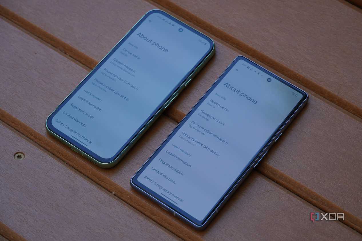The Pixel 8a and Pixel 7a displays on showing the About phone pages.