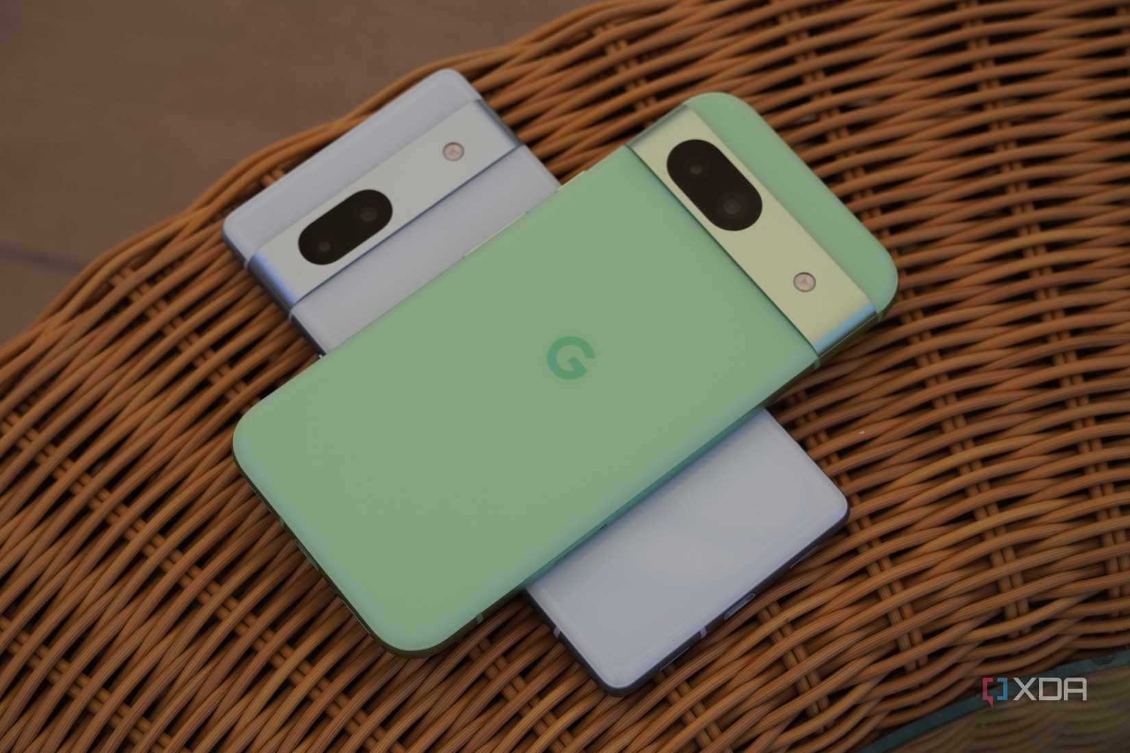 A Pixel 8a on top of a Pixel 7a. 