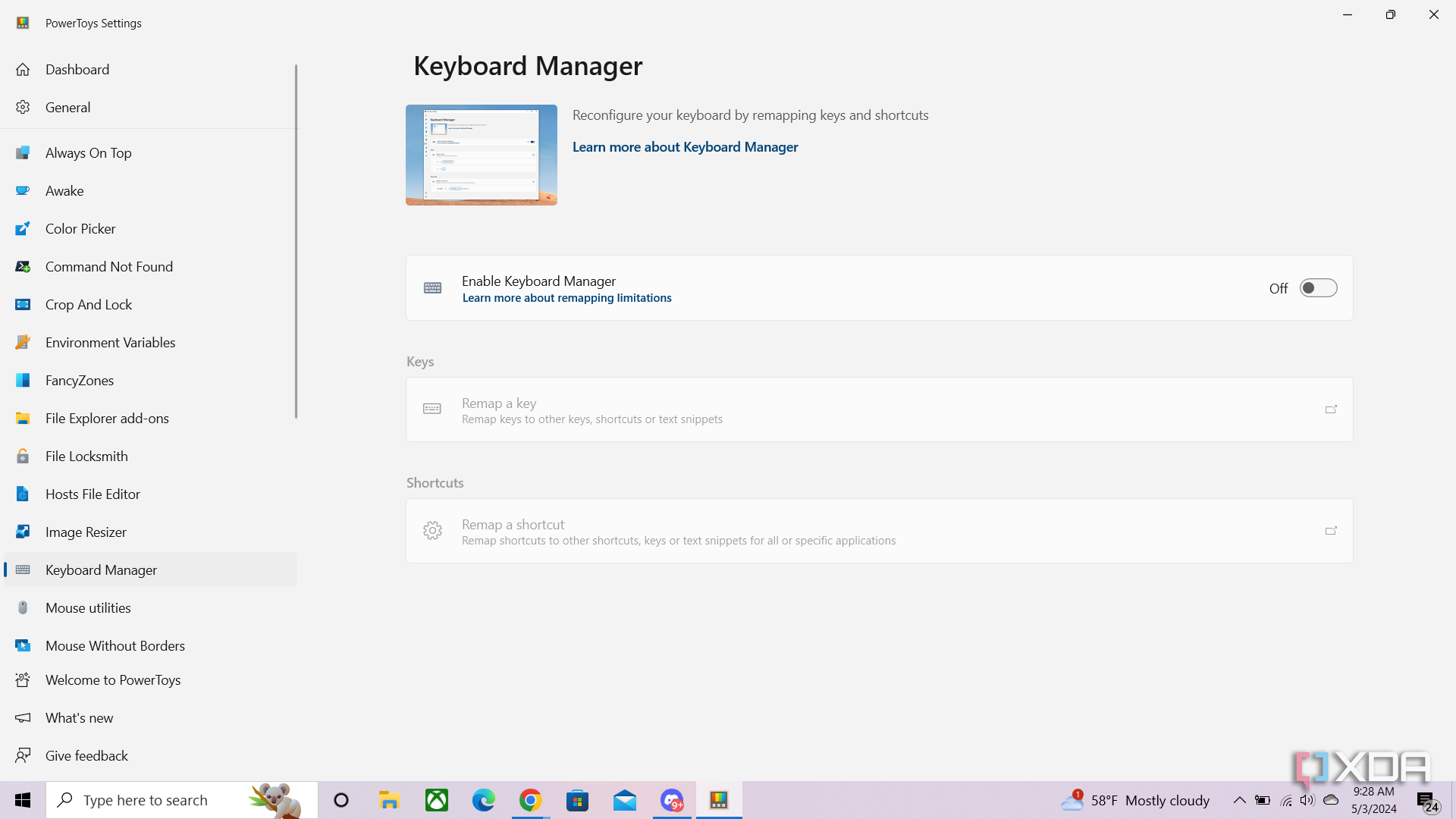 Opening Microsoft Powertoys keyboard manager on Windows 10