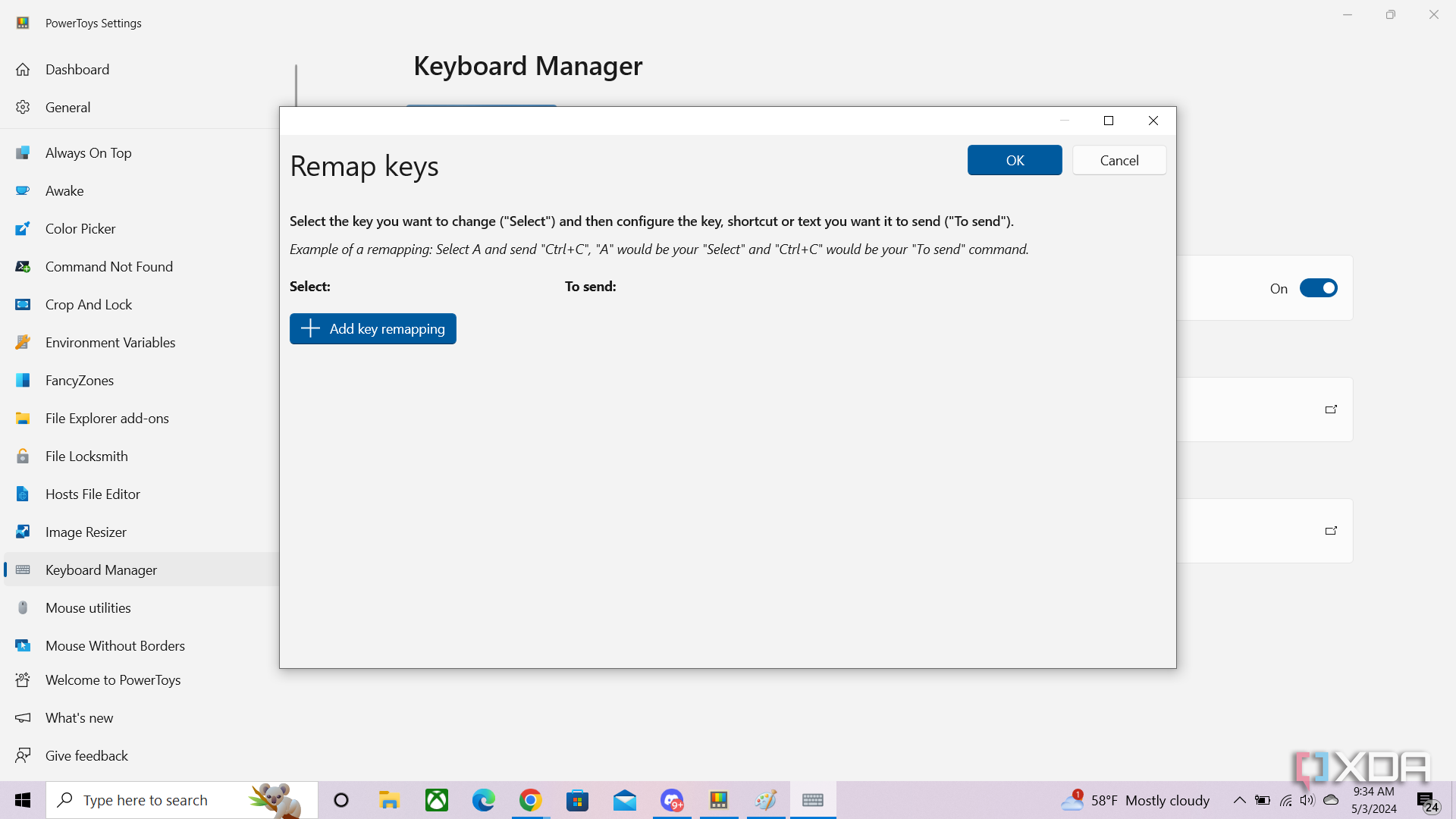 Opening the remap keys window in Microsoft Powertoys