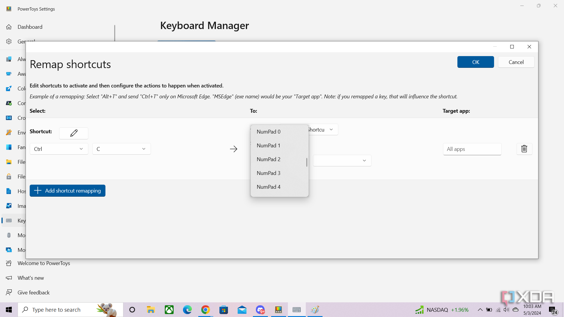 Using Microsoft PowerToys' dropdown menu to remap a shortcut