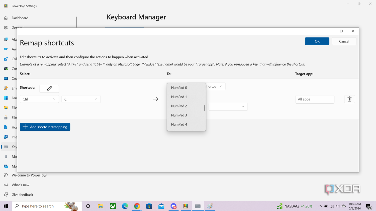 Using Microsoft PowerToys' dropdown menu to remap a shortcut