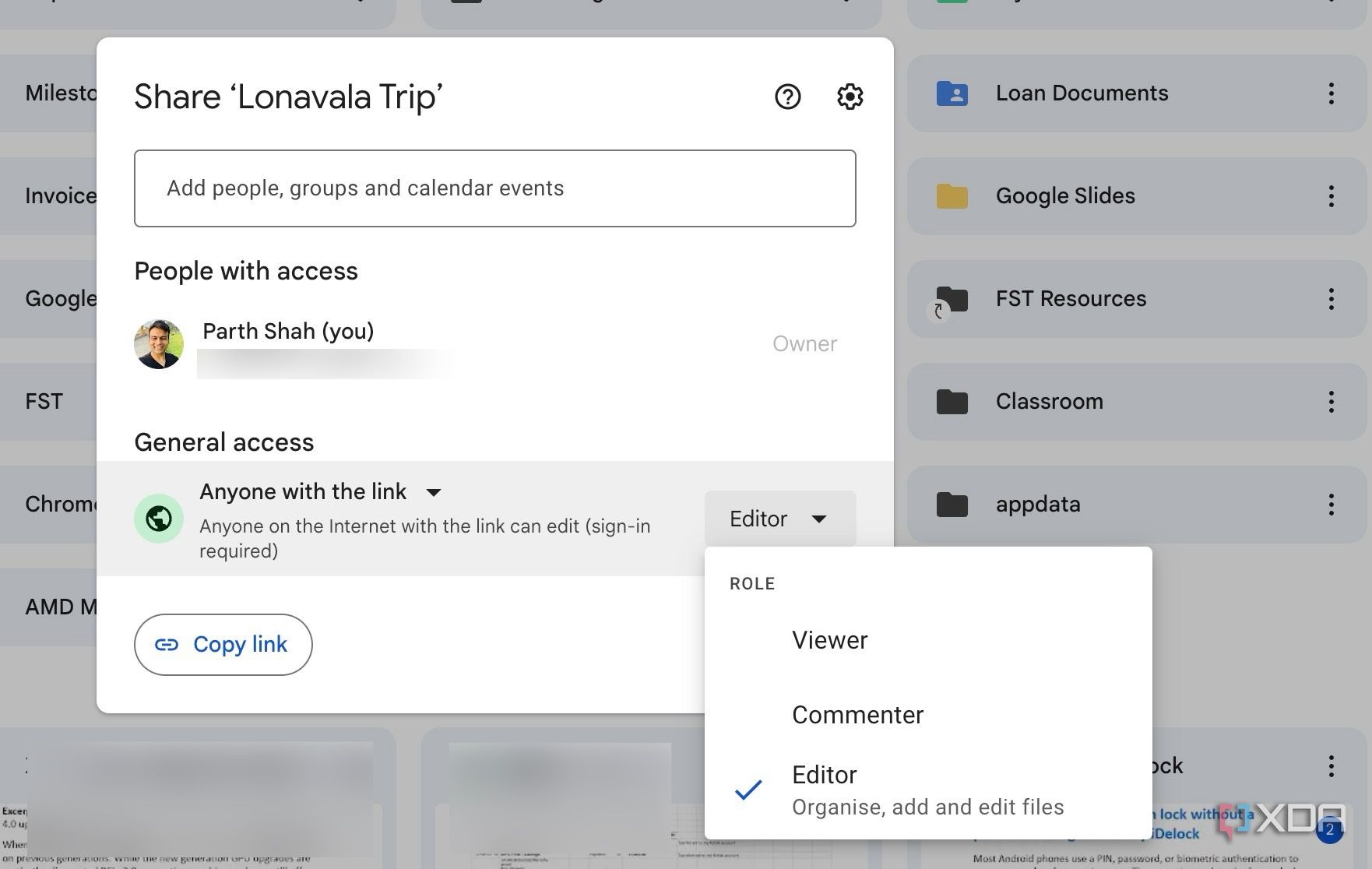 Link settings in Google Drive