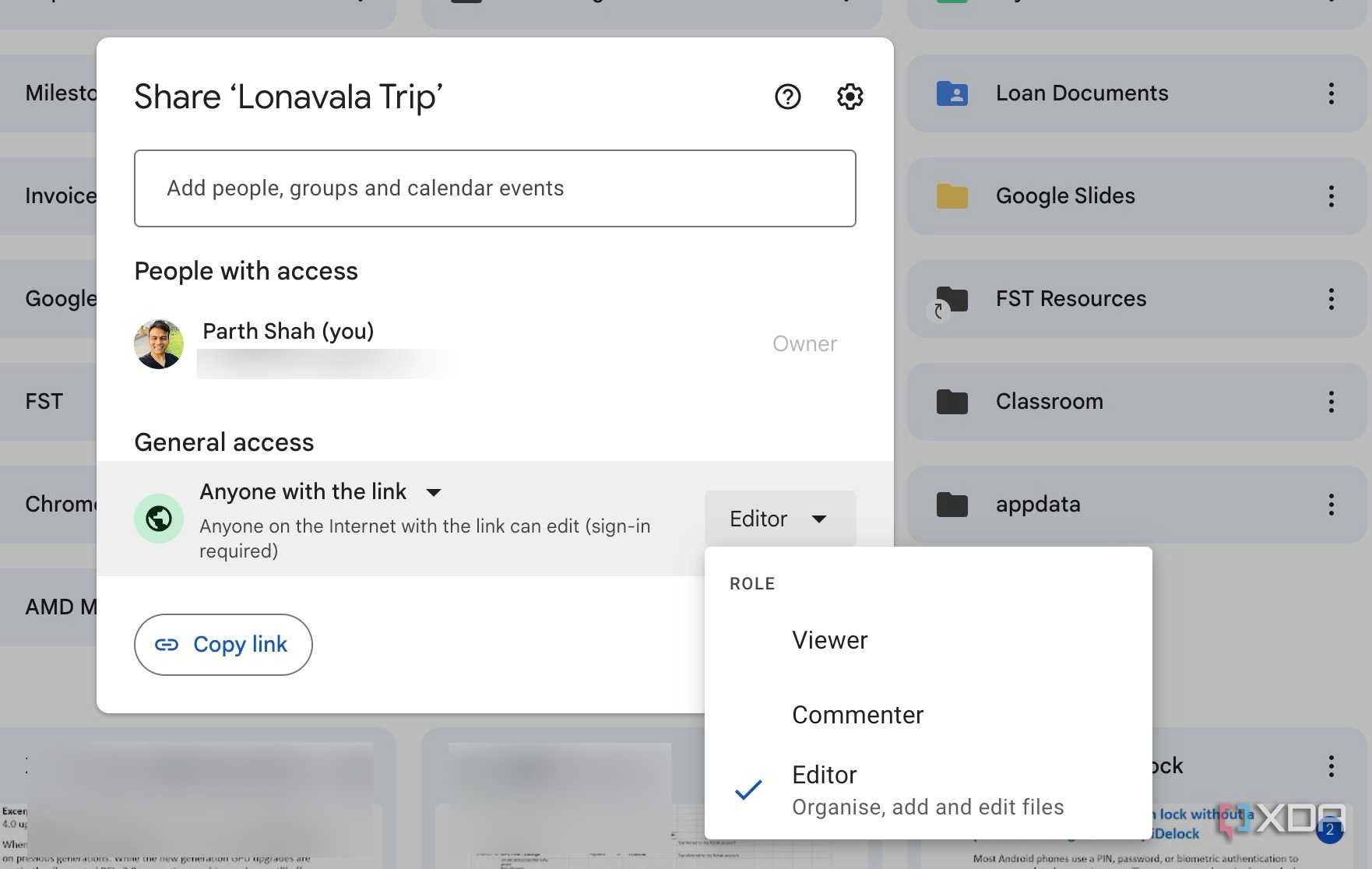 Link settings in Google Drive