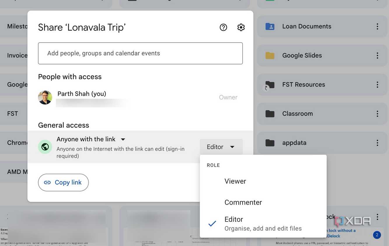 Link settings in Google Drive