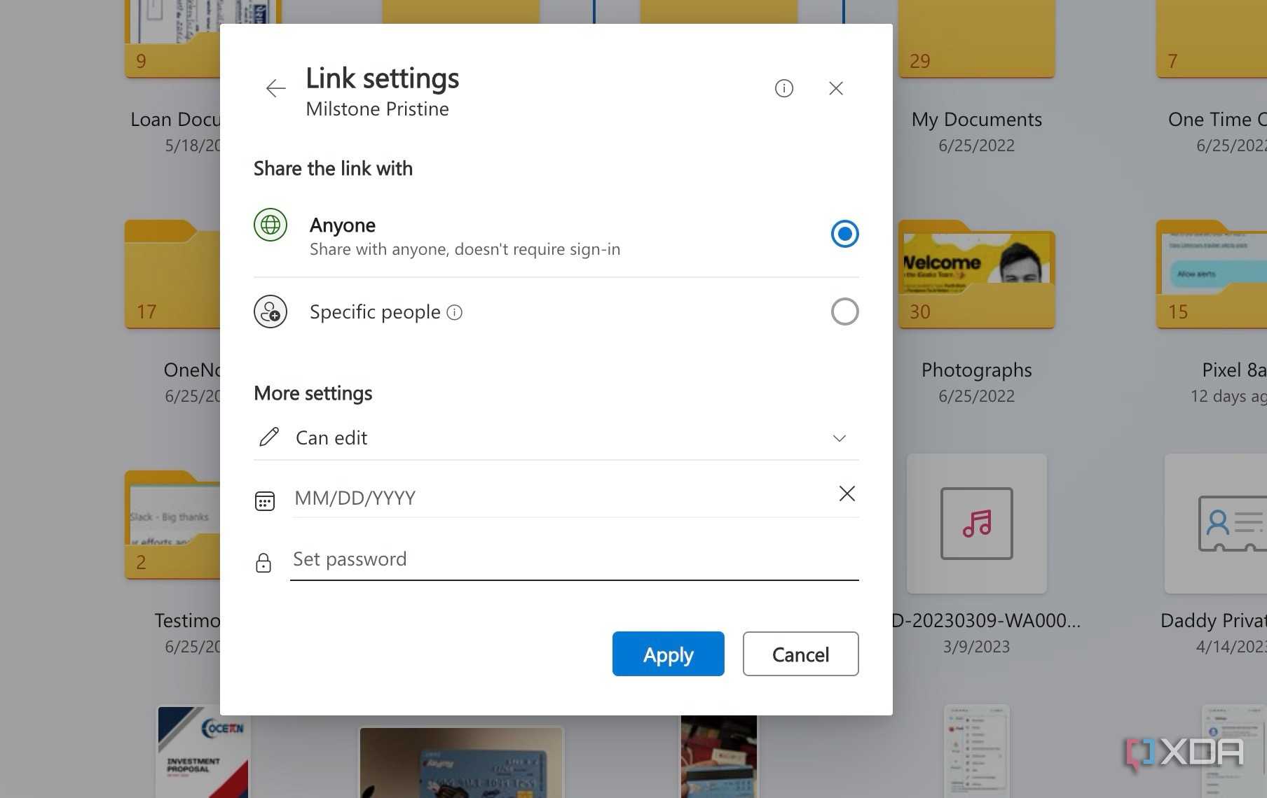 Link options in OneDrive
