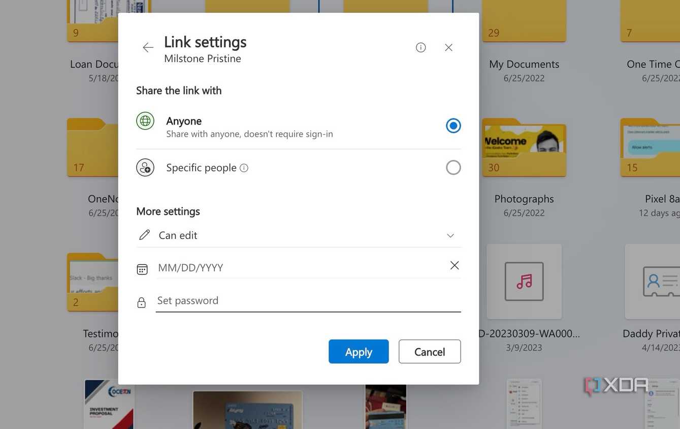 Link options in OneDrive