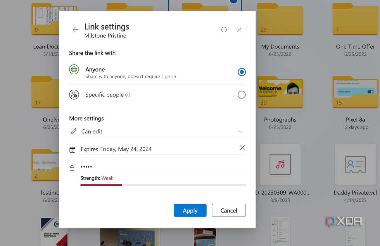 Link settings in OneDrive