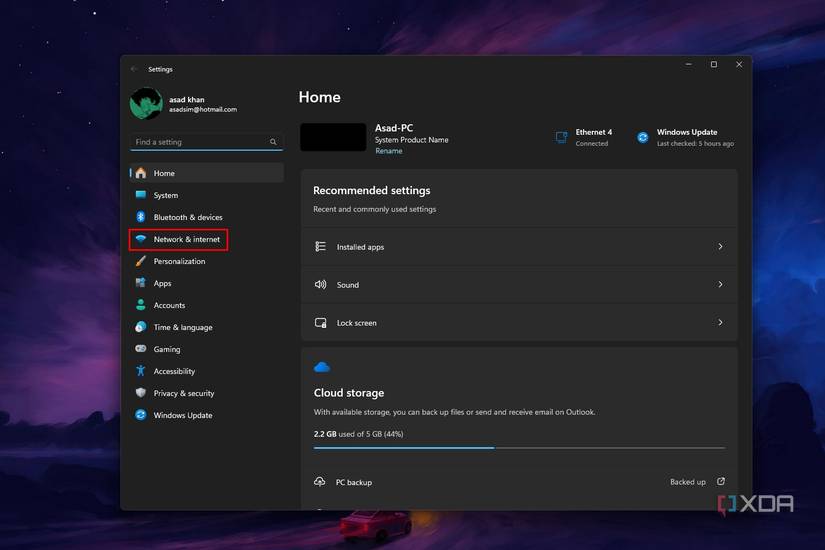 Windows 11 Settings app screenshot that highlights the Network & internet tab.