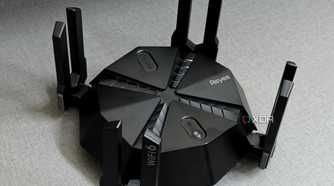 An image showing the Reyee E6 AX6000 gaming router that's kept on a wooden desk.