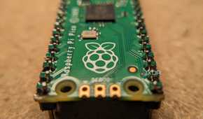 Closeup of Raspberry Pi Pico microcontroller
