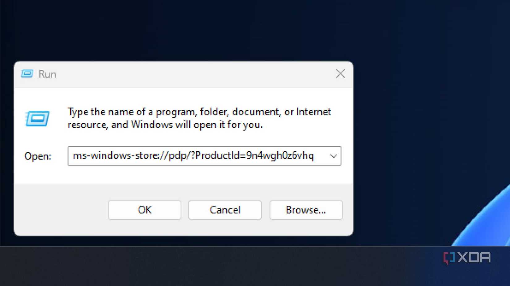 screenshot of the run dialog in windows 11 with a command to open the microsoft store displayed