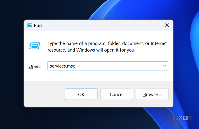 Screenshot of the Run dialog with the services panel entered into the box