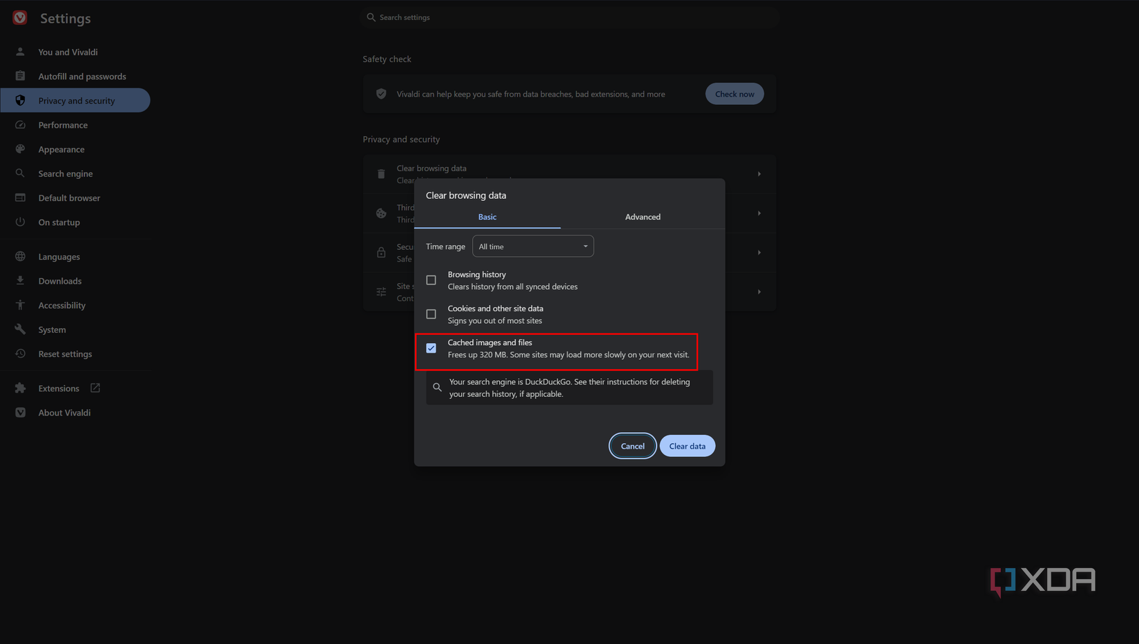 Screenshot of the clear data dialog in Vivaldi