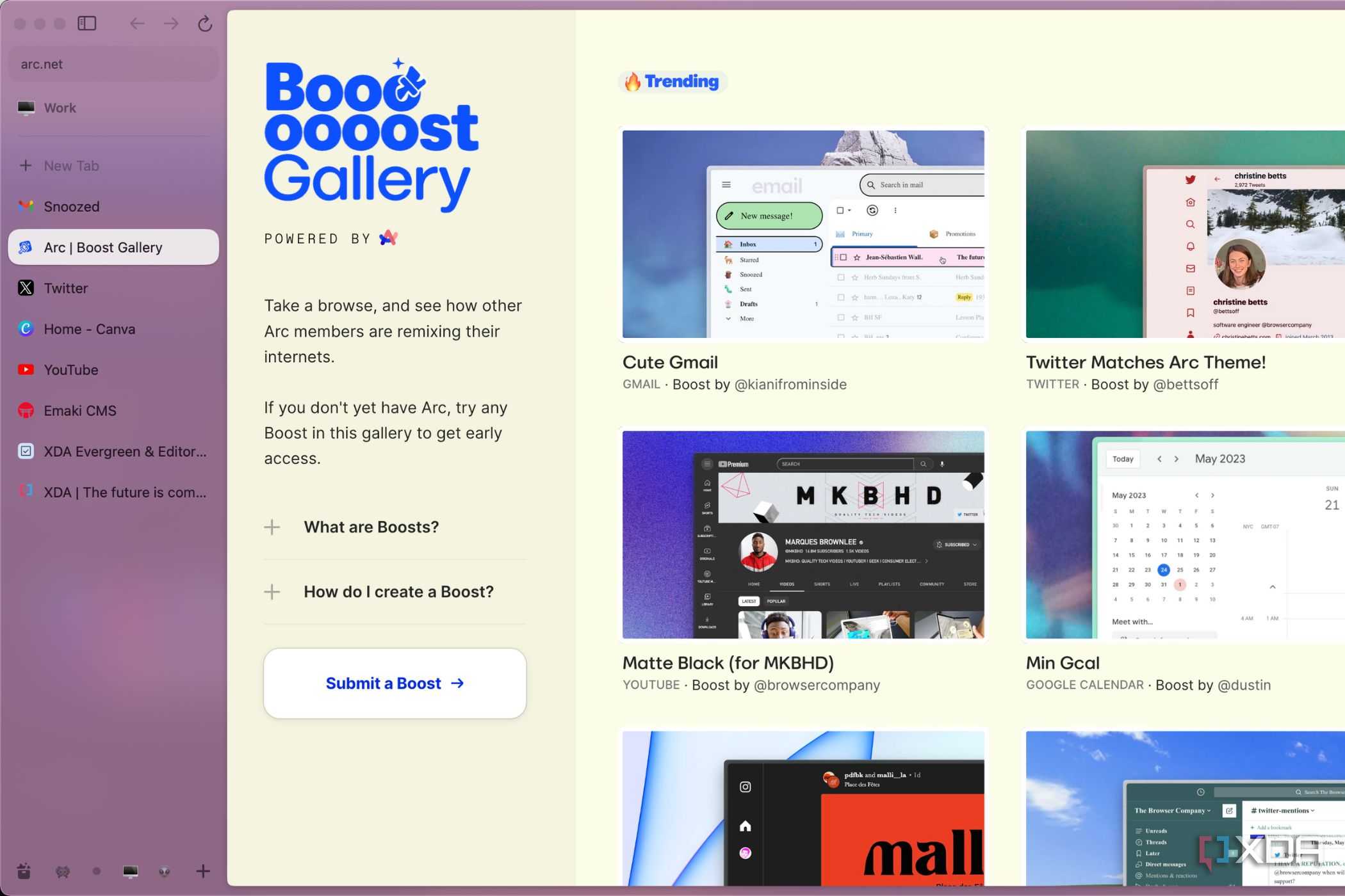 A screenshot showing the Boost Gallery in Arc browser.
