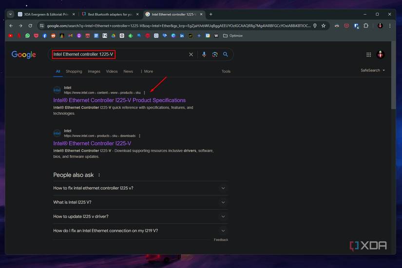 Google chrome screenshot that highlights a search result for Intel Ethernet drivers.
