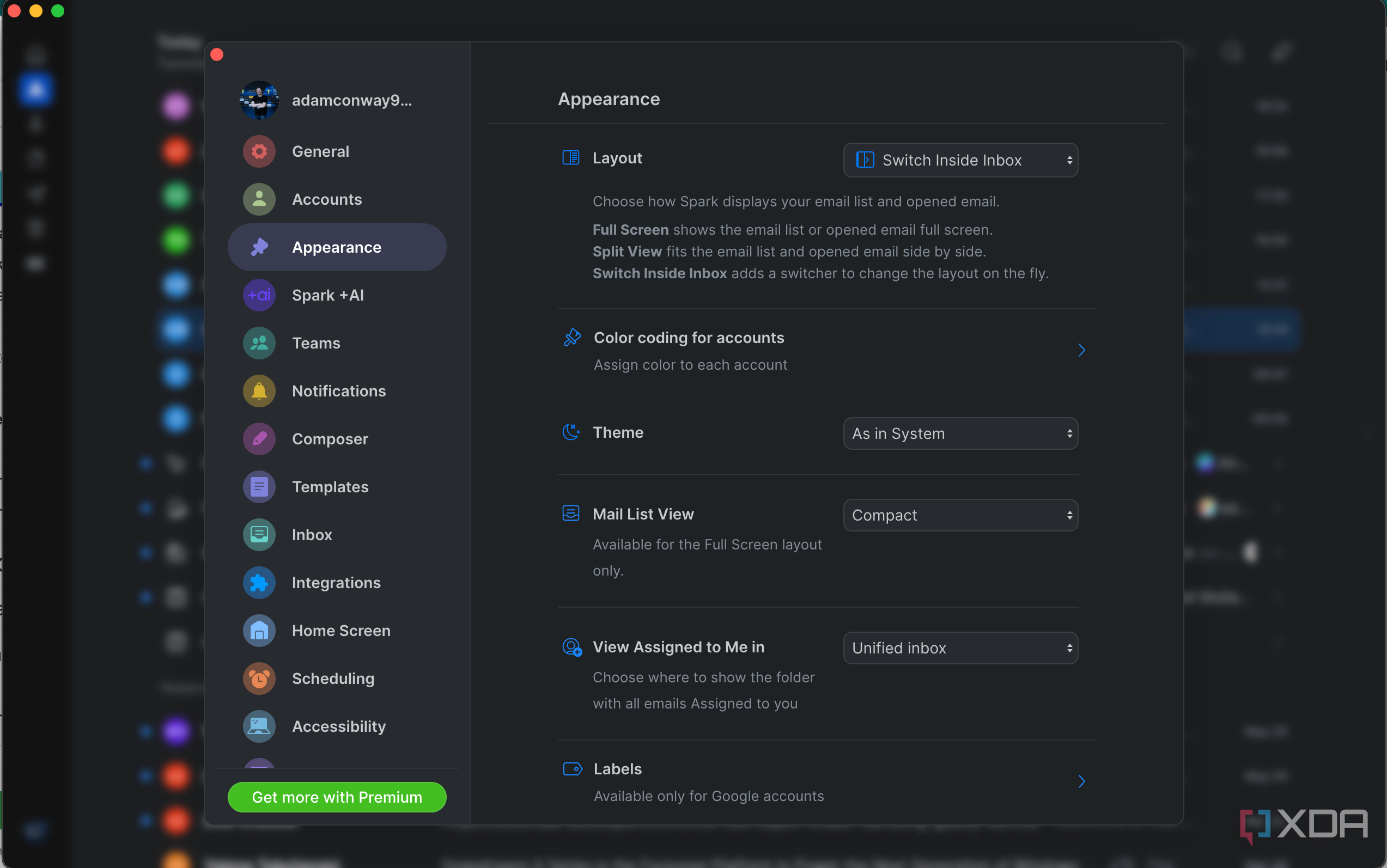 Spark Mail apperarance options