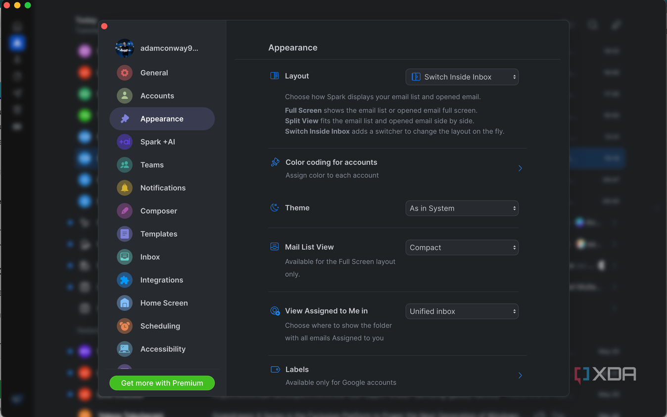 Spark Mail apperarance options