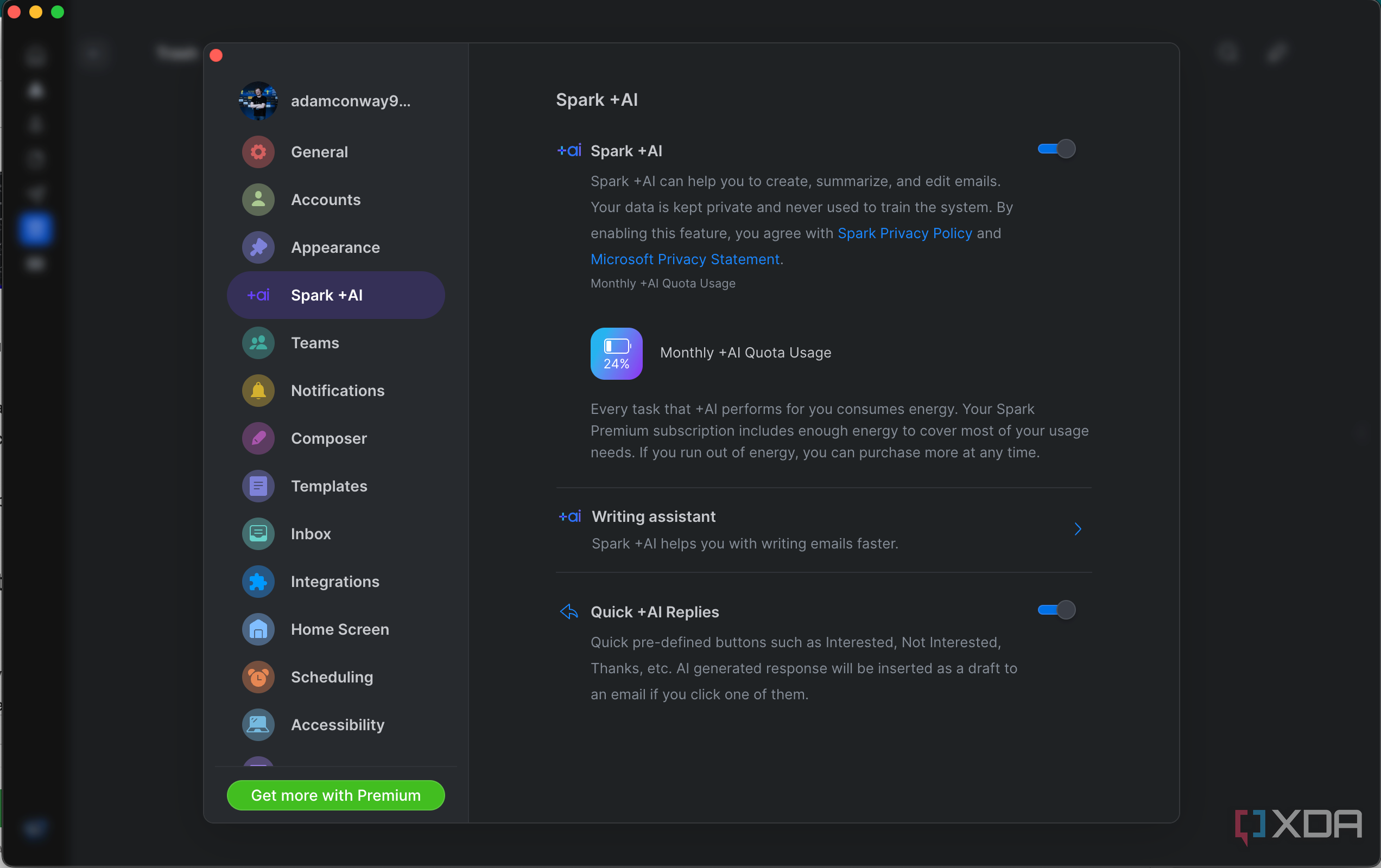 Spark Mail AI settings