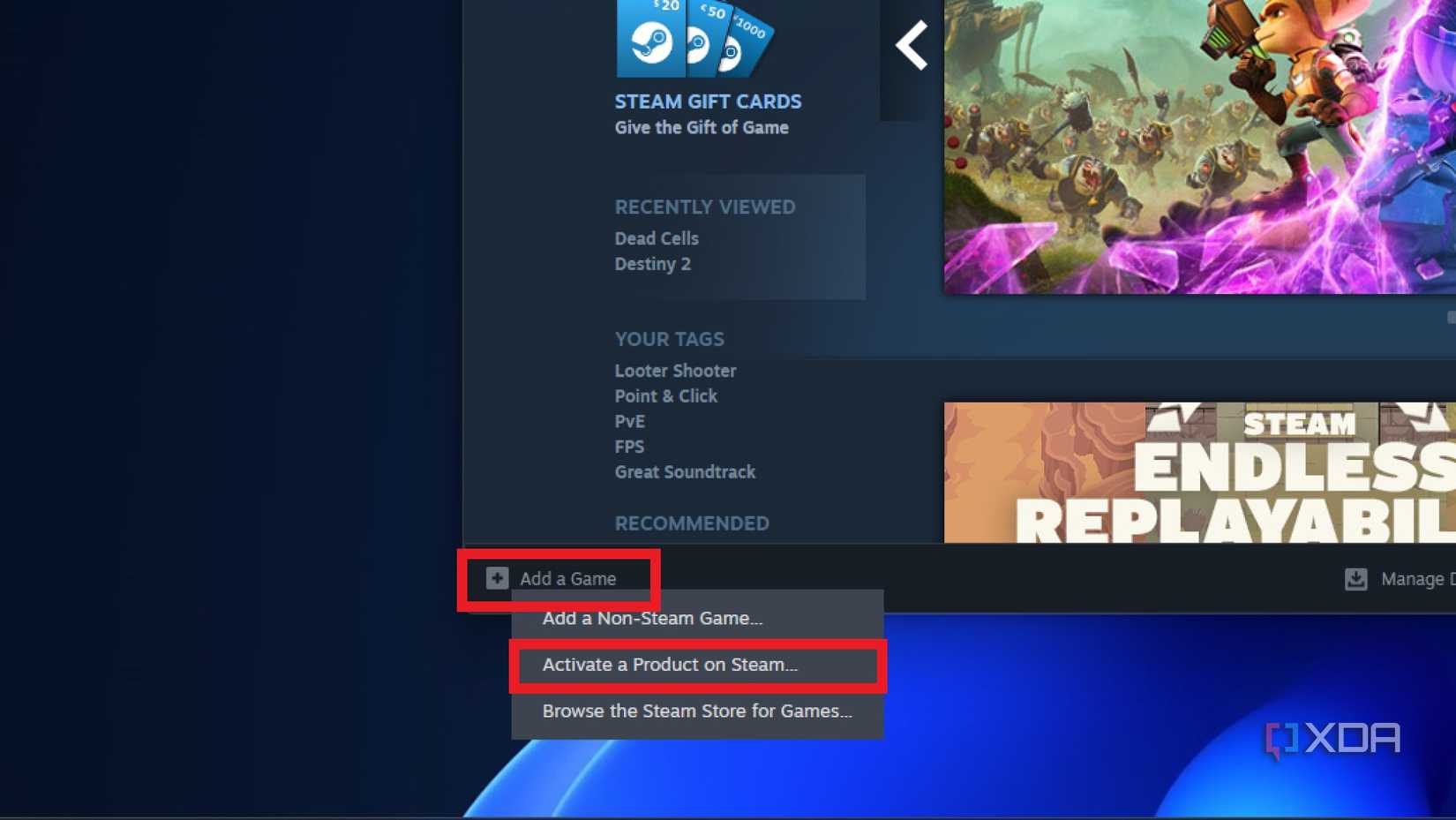 screenshot of the steam desktop app with "add a game" and "activate a product on steam" highlighted