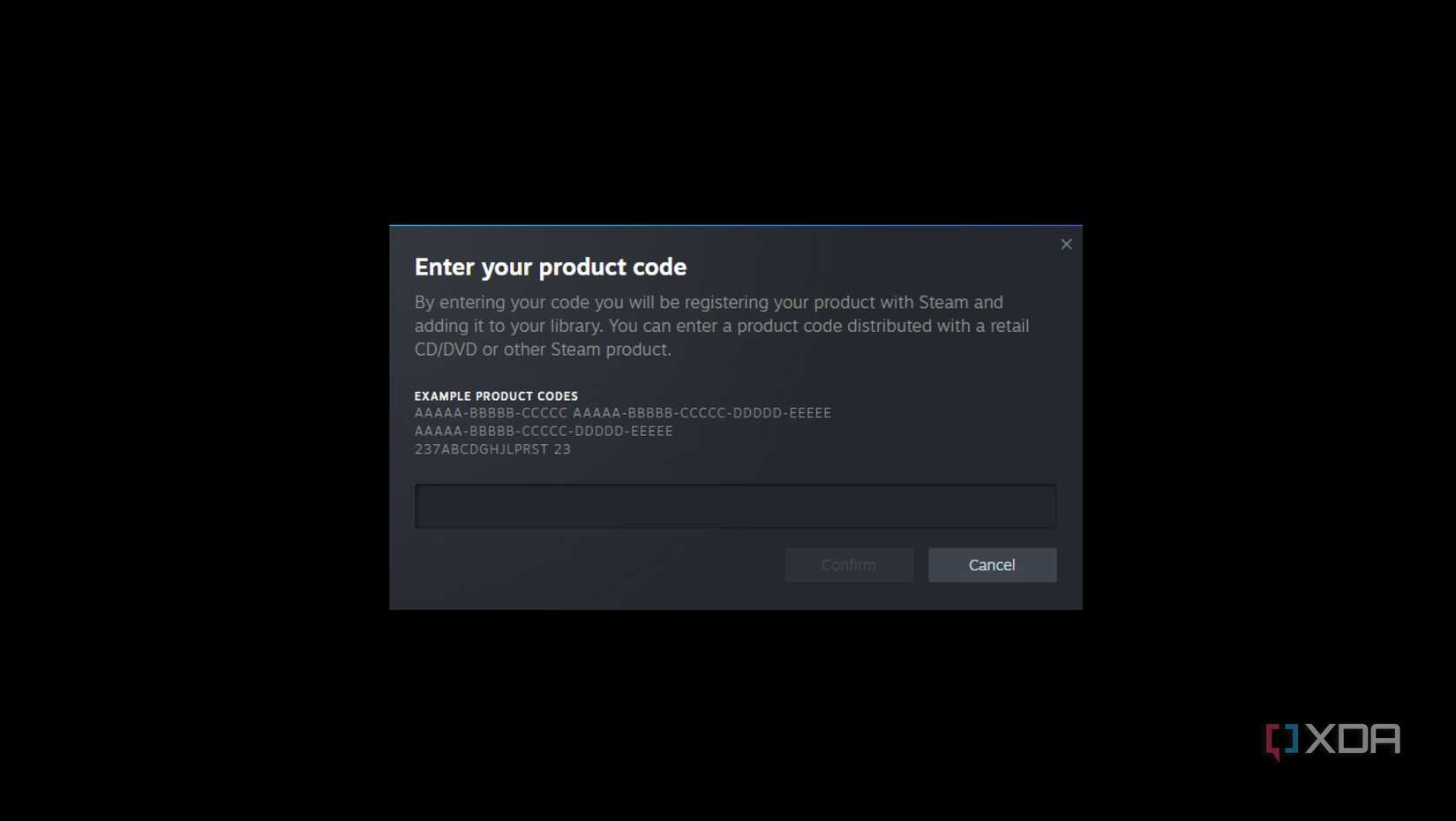 screenshot of steam desktop app asking for a new product code to add to your library