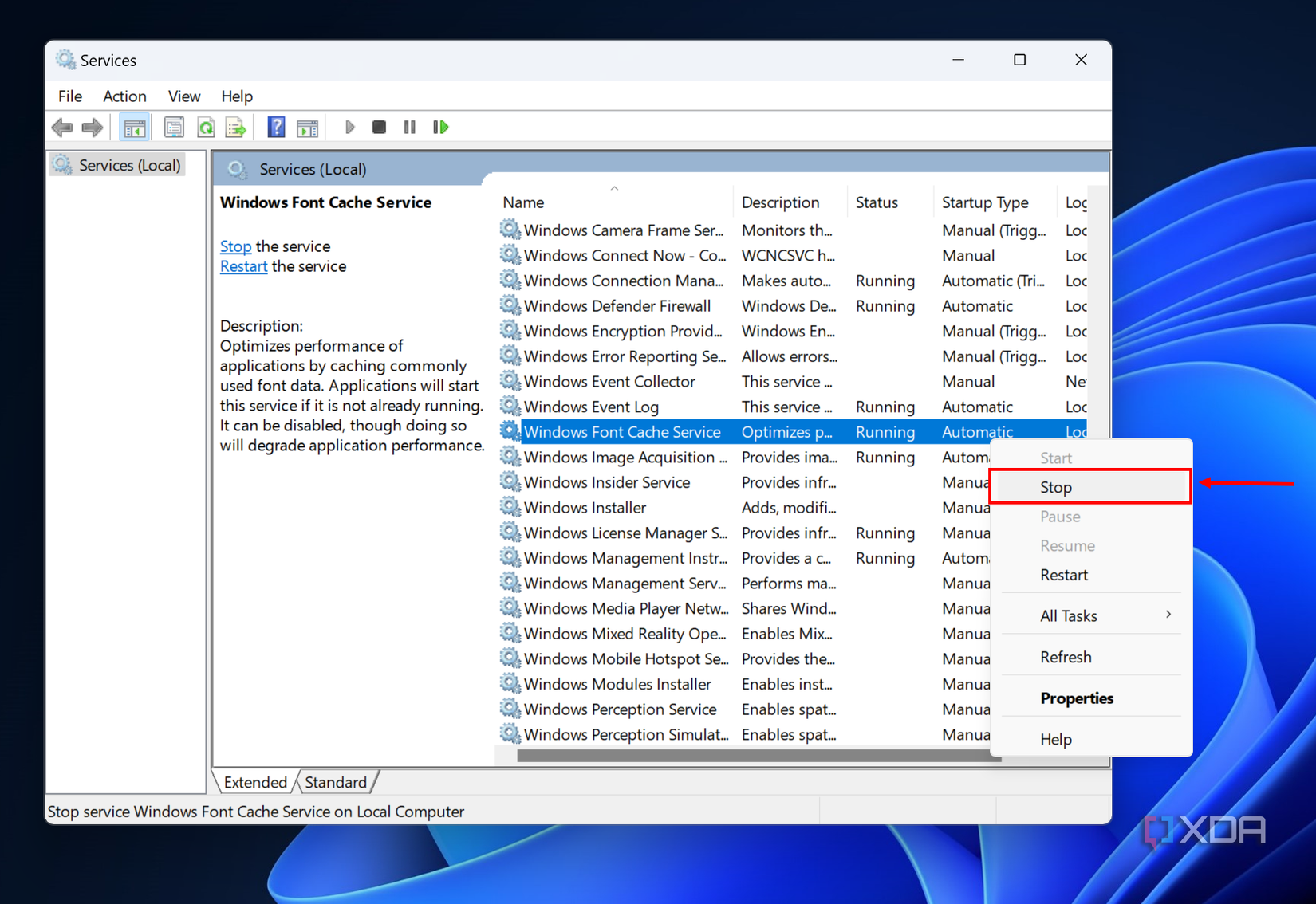 Screenshot of the Services panel in Windows 11 with a context menu with the stop button highlighted for the Windows Font Cache Service