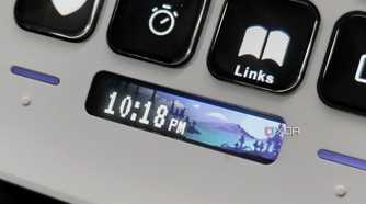 An image showing the Stream Deck Neo displaying a digital clock.