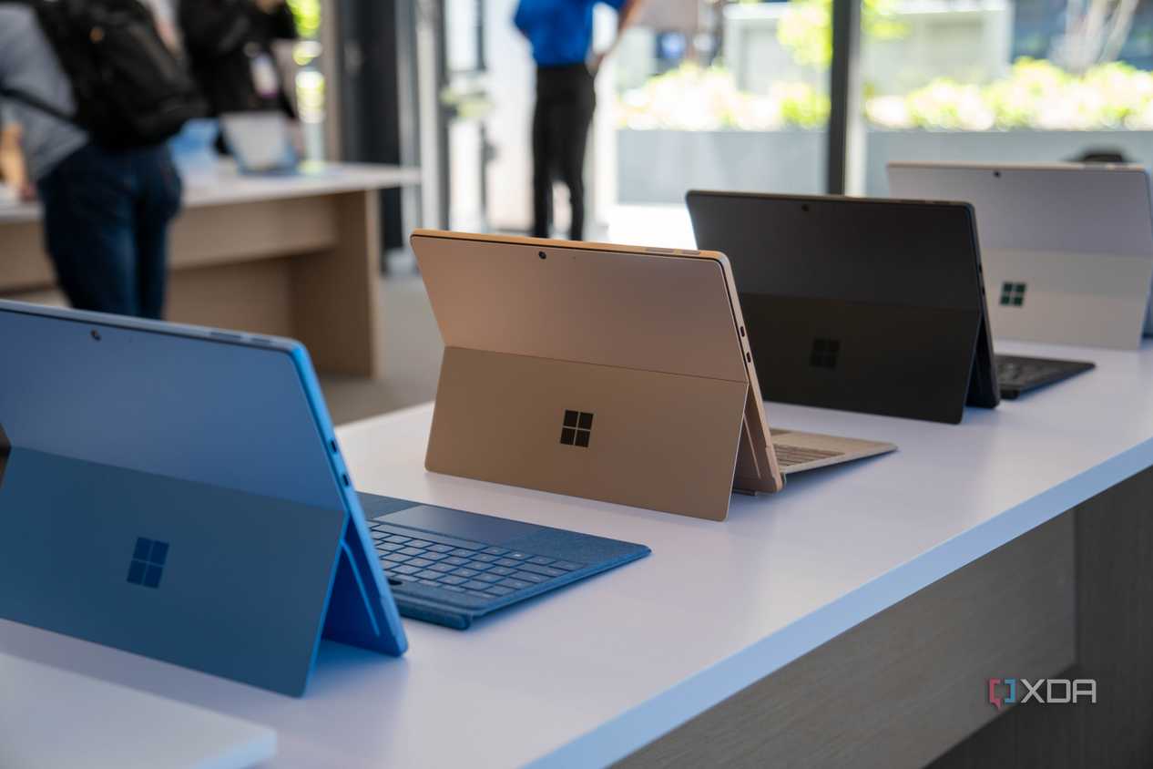 A lineup of Surface Pro 11 tablets.