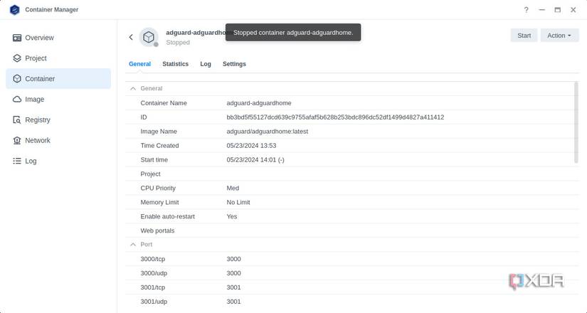 AdGuard container status page on Synology DSM