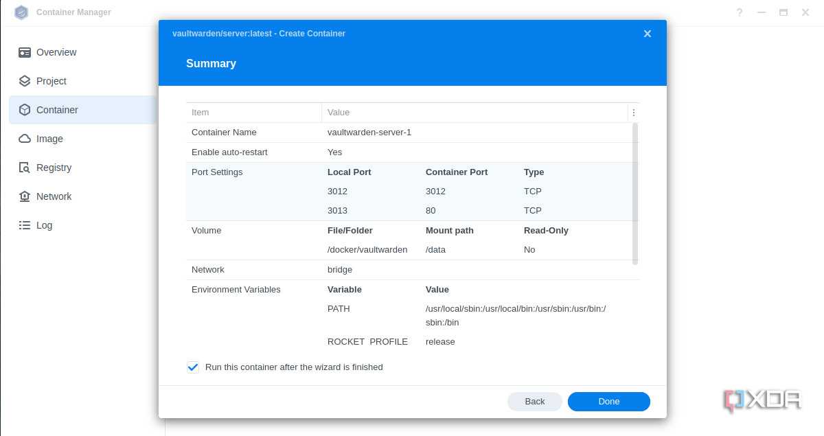 Vaultarden DSM settings summary
