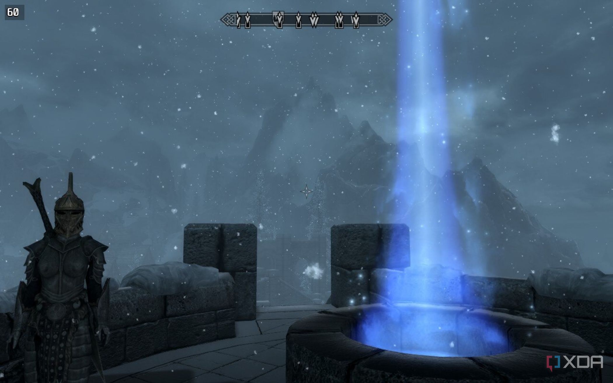 screenshot from the game skyrim showing the view from the college of winterhold
