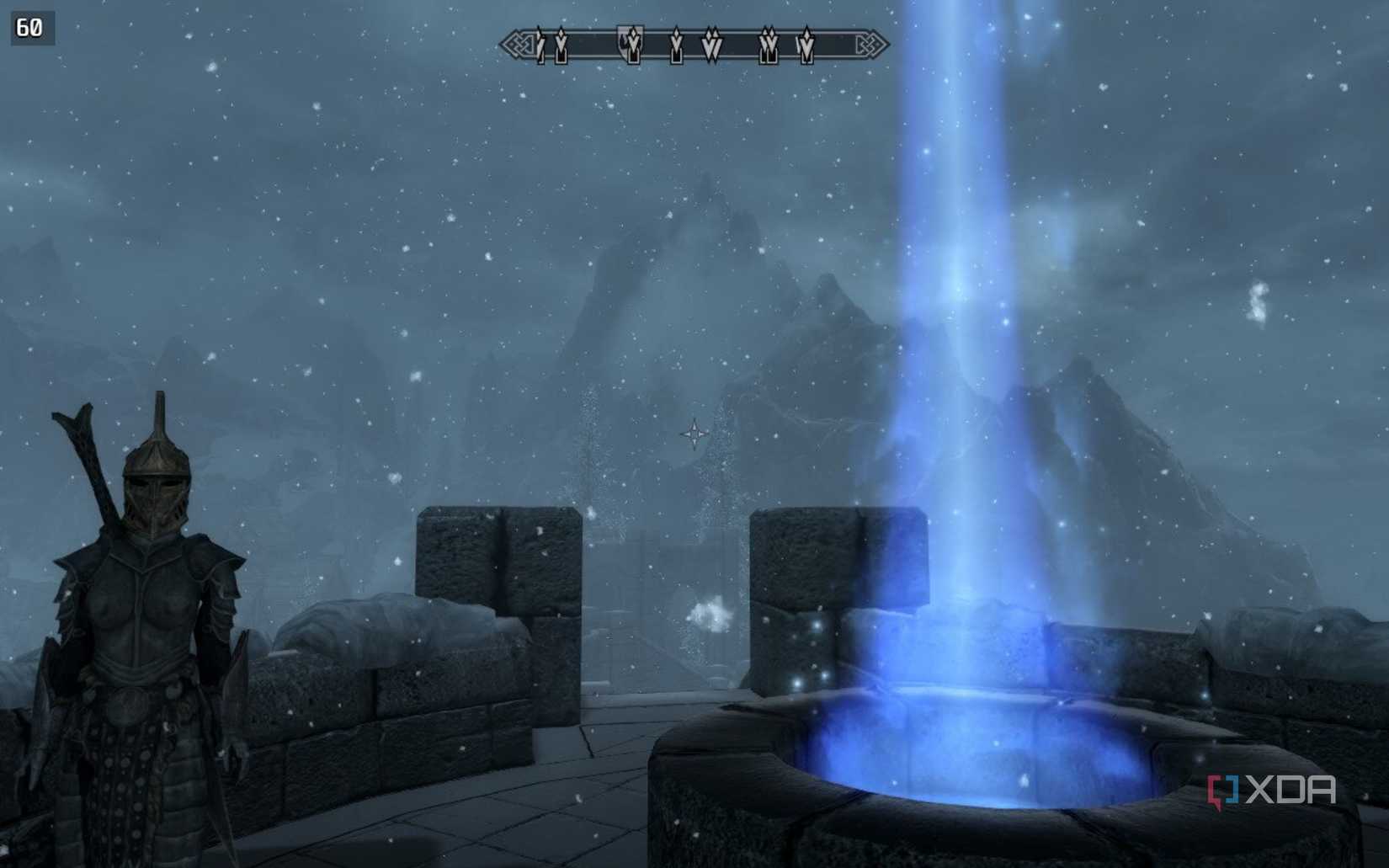 screenshot from the game skyrim showing the view from the college of winterhold