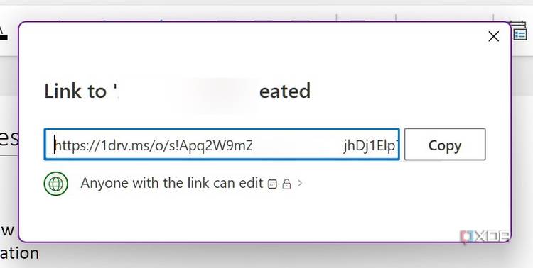 Link generated in OneNote