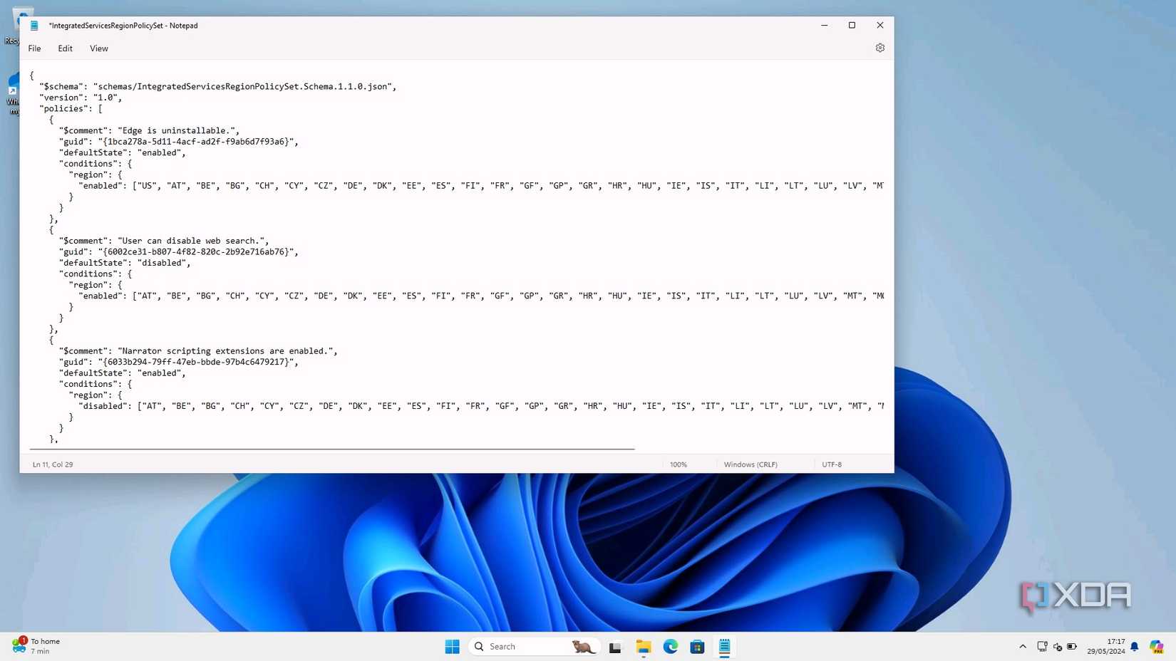 Screenshot of Notepad after modifying a JSON file to allow Edge to be uninstalled