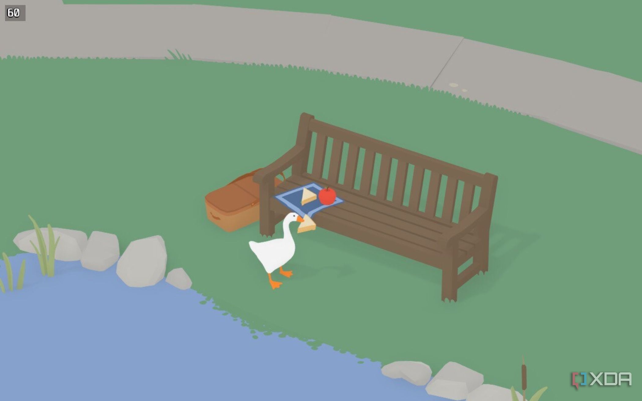 screenshot from untitled goose game showing the goose stealing a sandwich