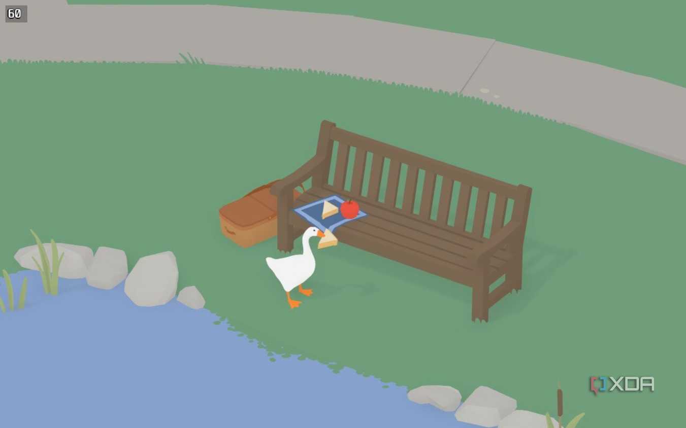 screenshot from untitled goose game showing the goose stealing a sandwich