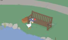 screenshot from untitled goose game showing the goose stealing a sandwich
