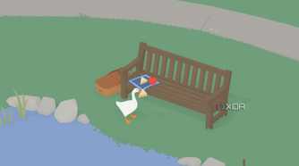 screenshot from untitled goose game showing the goose stealing a sandwich
