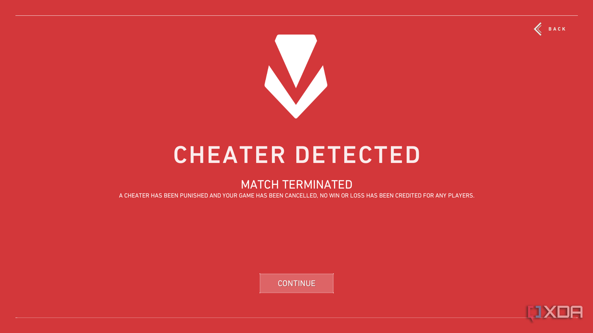 "Cheater detected, match terminated" screen in Valorant
