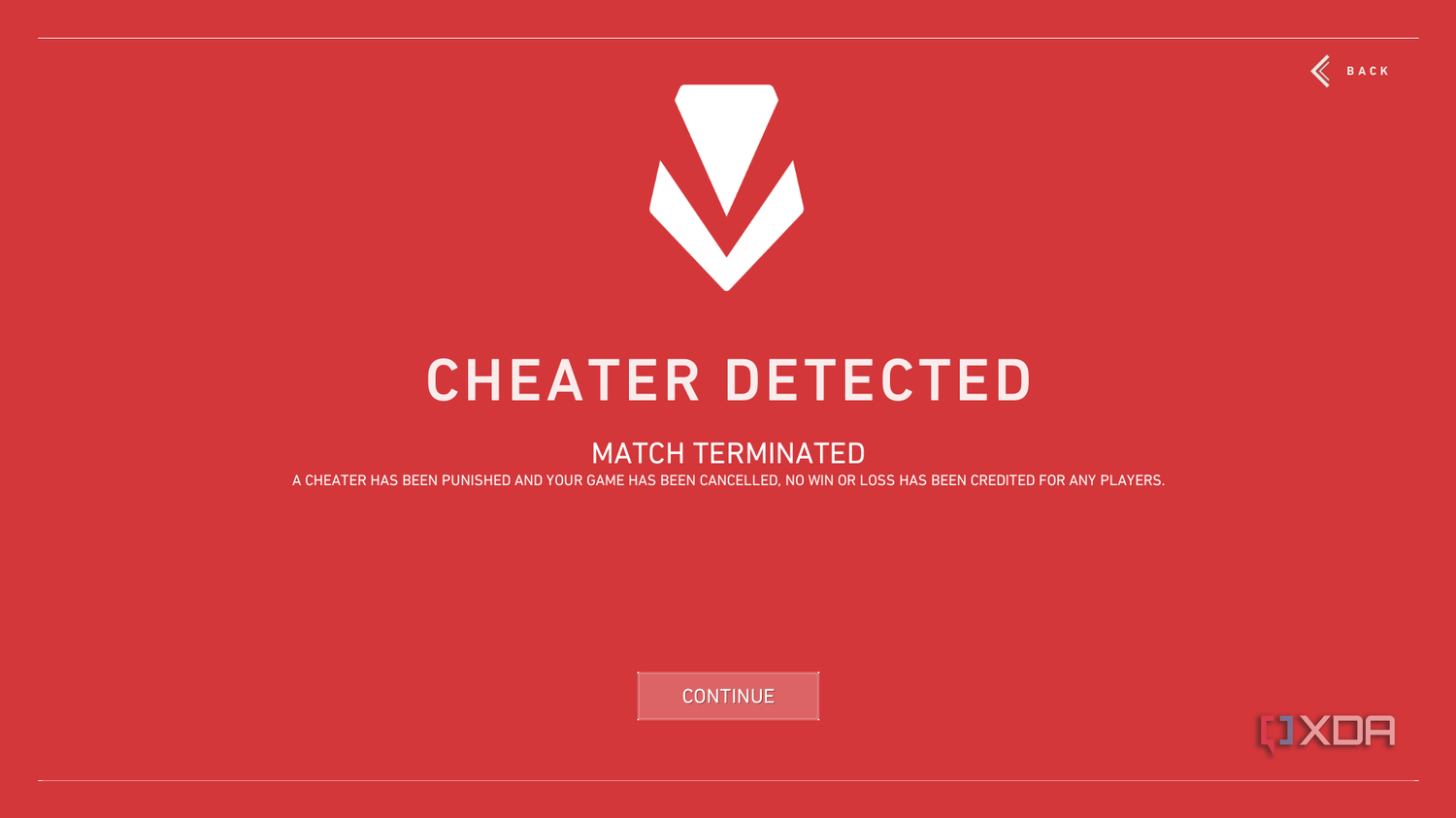 "Cheater detected, match terminated" screen in Valorant