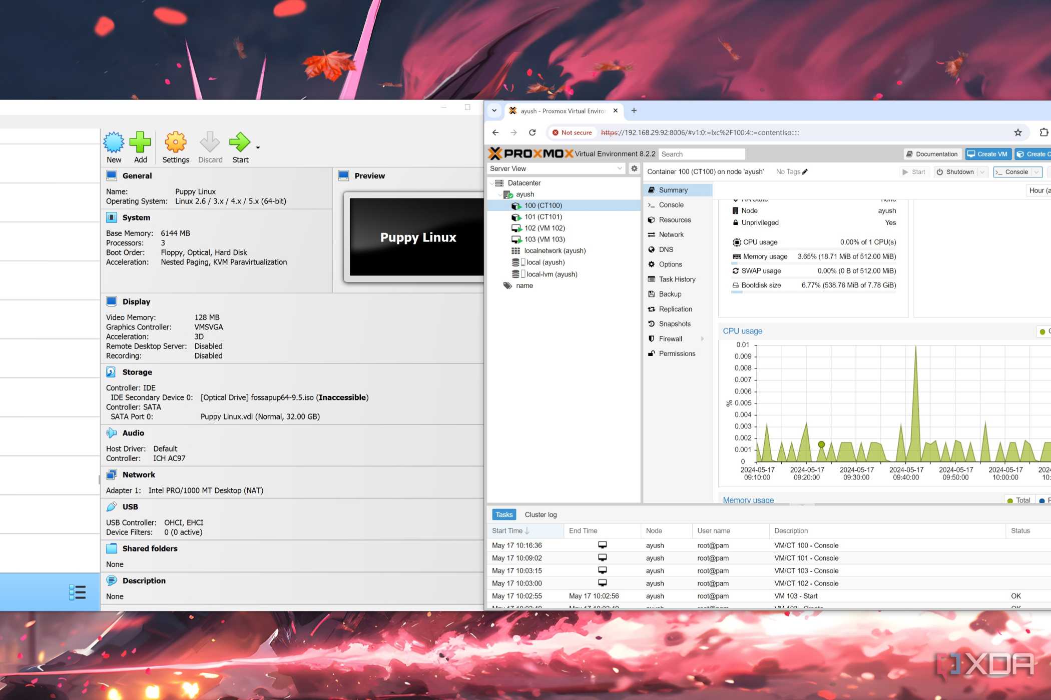 VirtualBox and Proxmox web UI running side-by-side
