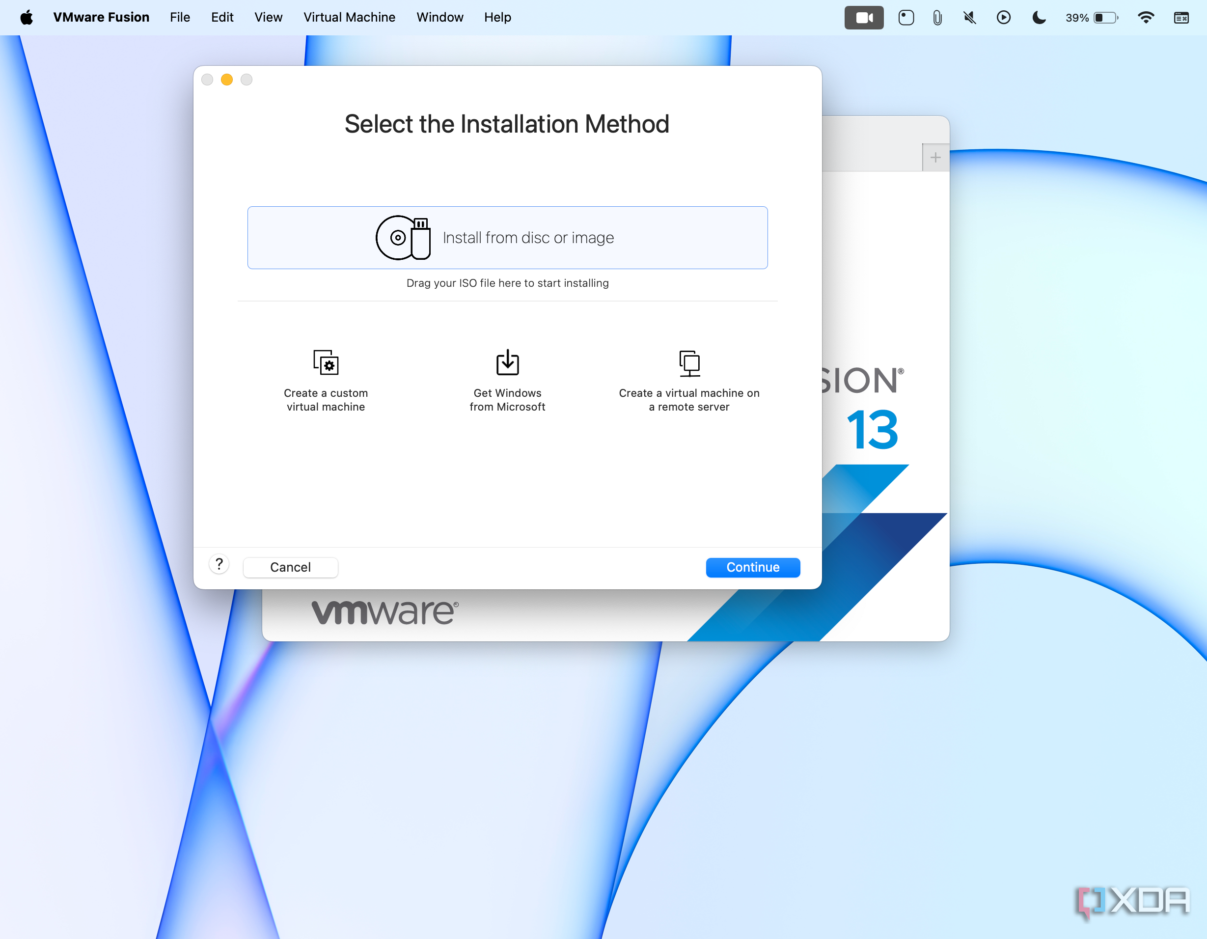 Selecting an installation source for VMware Fusion Pro 13.