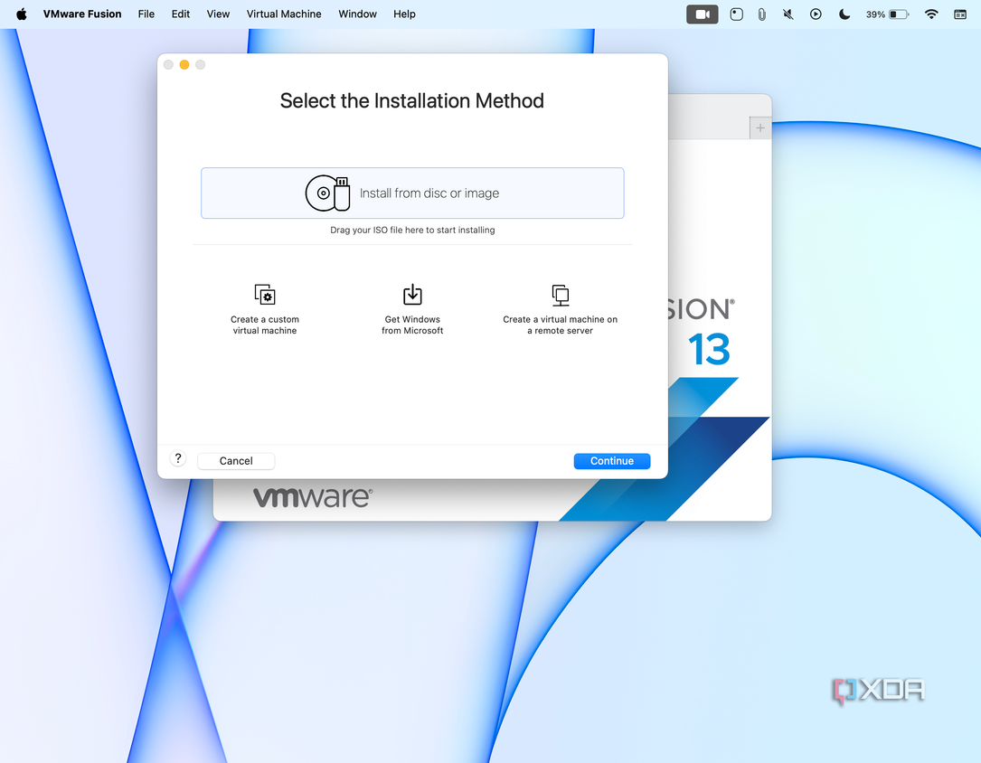 Selecting an installation source for VMware Fusion Pro 13.