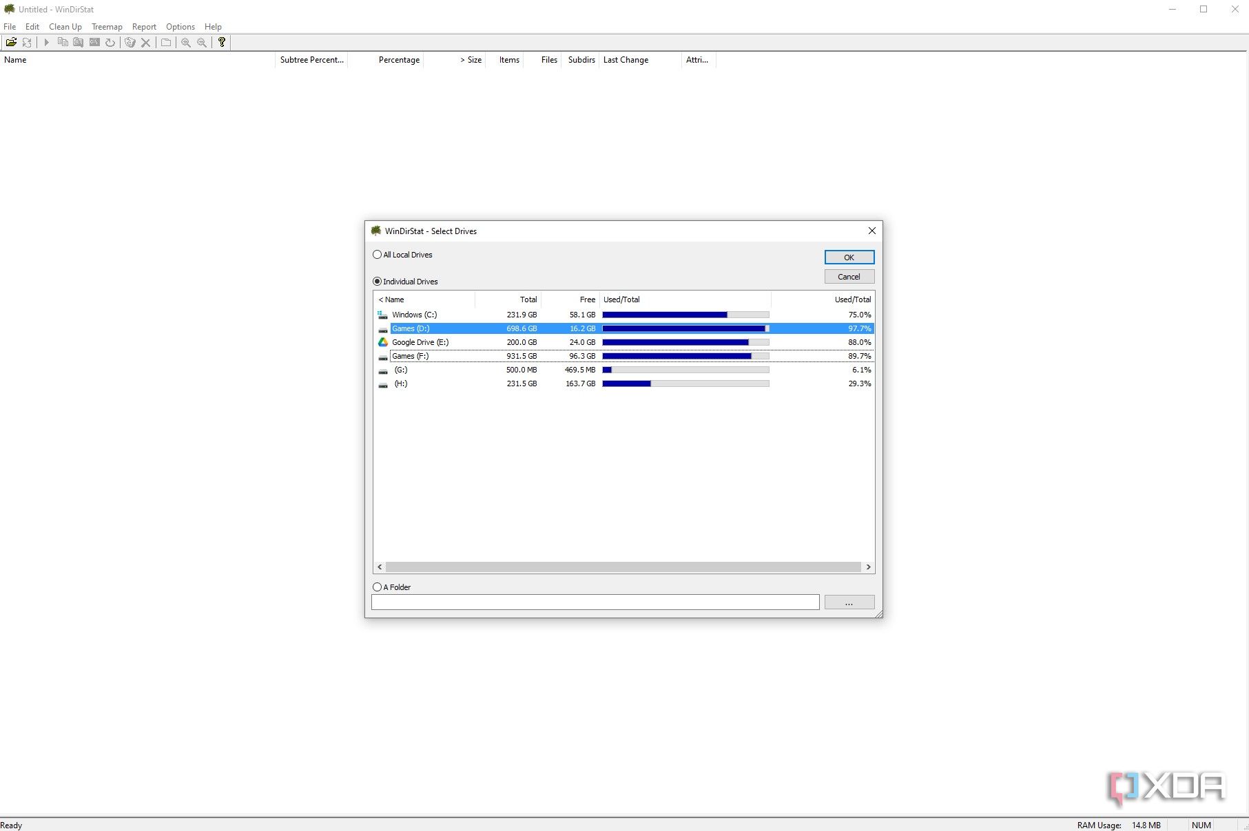 WinDirStat launch screen asking user to choose drive to be scanned