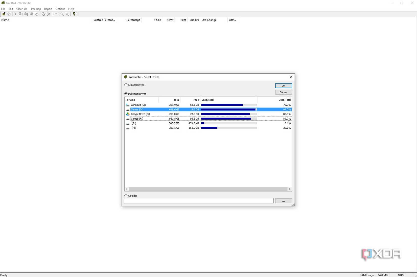 WinDirStat launch screen asking user to choose drive to be scanned