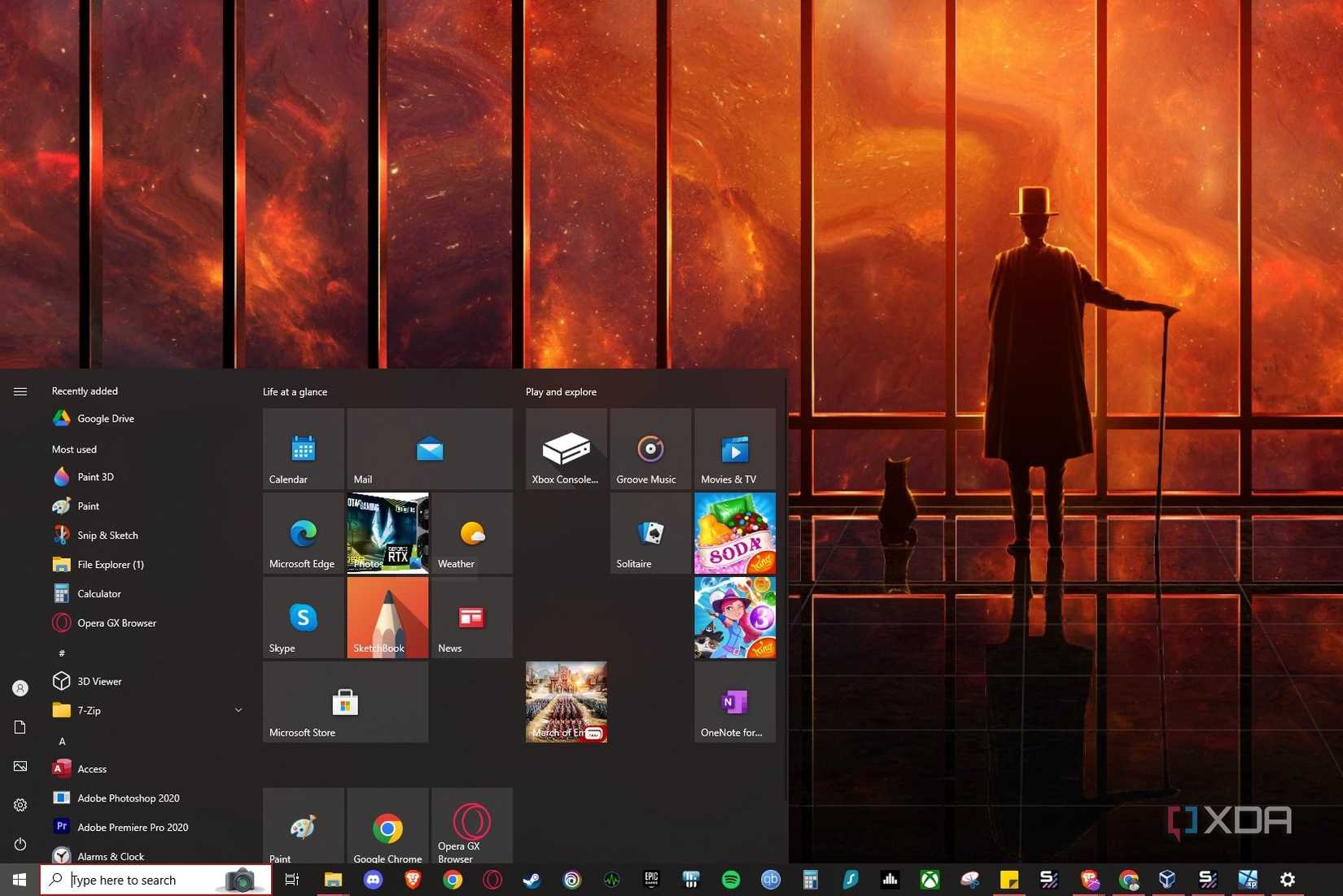 Screenshot of Windows 10 desktop and start menu