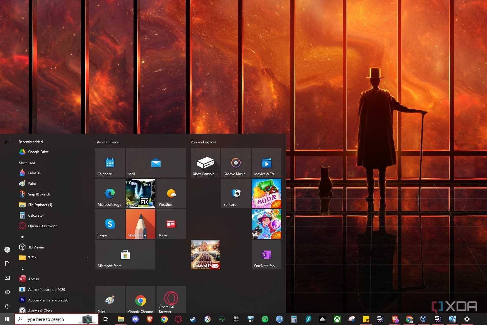 Screenshot of Windows 10 desktop and start menu