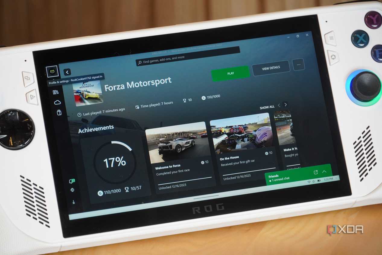 The Forza Motorsport game hub in the Xbox app on the ROG Ally.