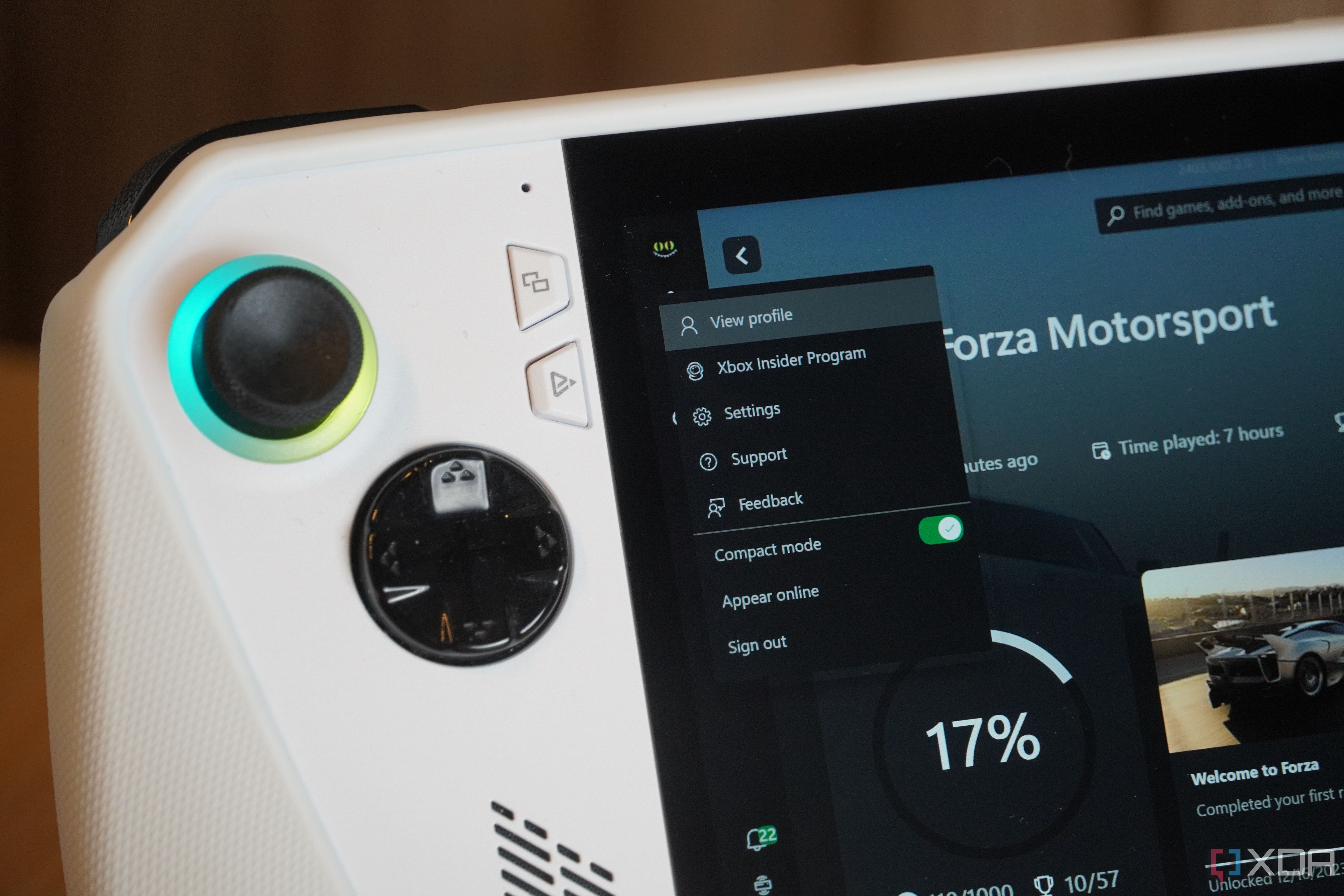 Compact mode and Xbox Insider tabs in the Xbox app on an ROG Ally.